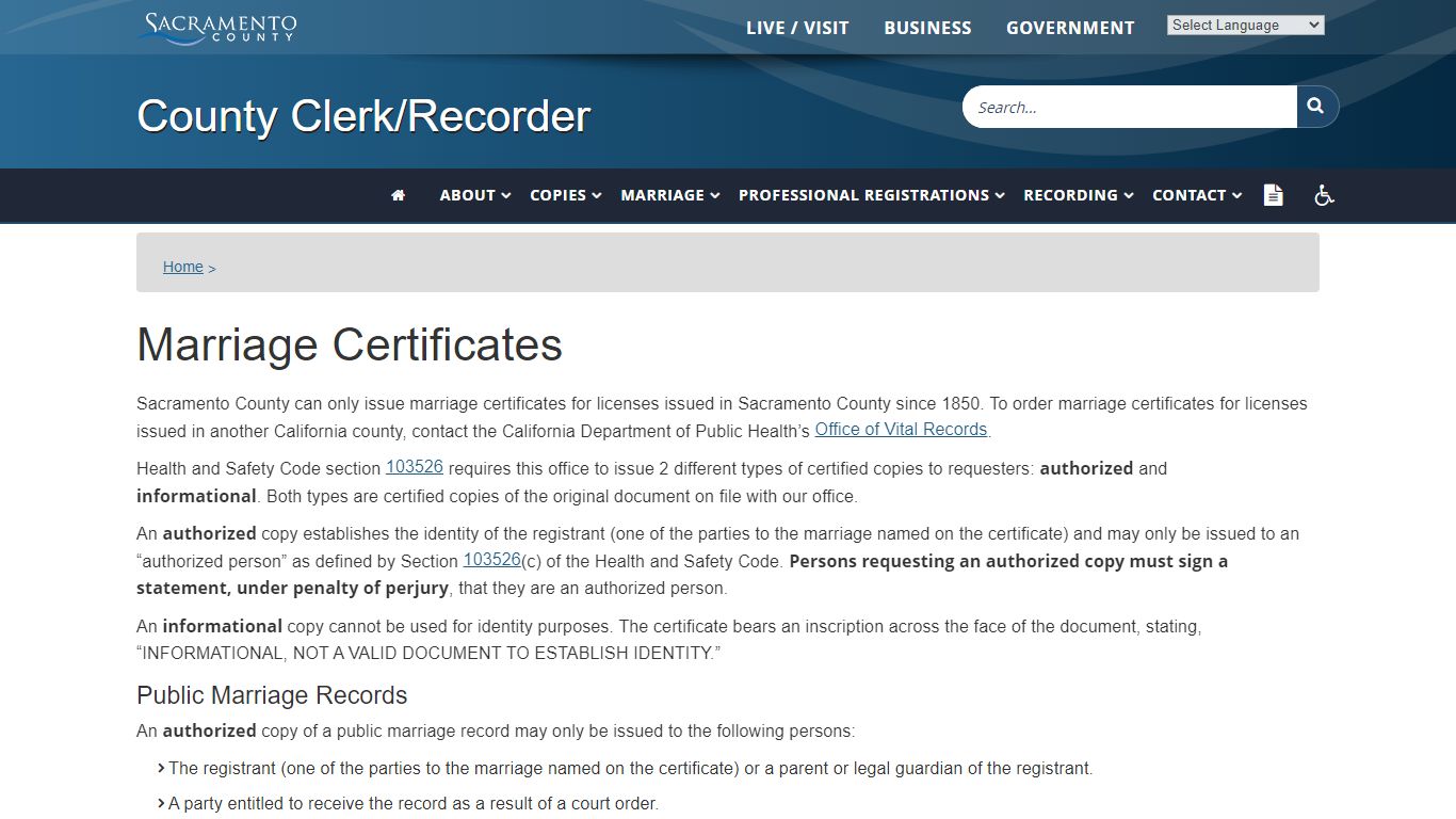 Marriage Certificates - Sacramento County, California